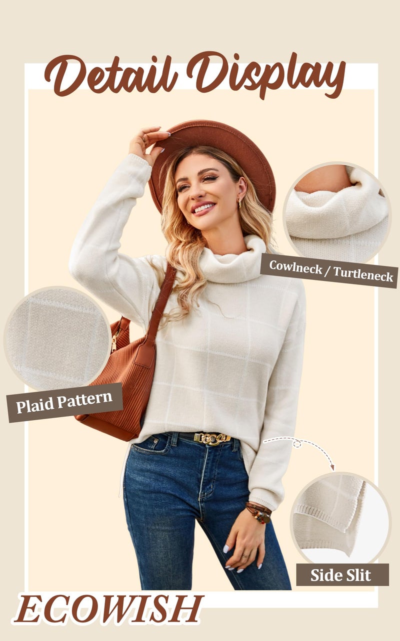 ECOWISH Women Fall Pullover Sweater Turtleneck Plaid Long Sleeve Loose Casual Chunky Checked Knit Winter Sweaters Jumper Tops 014beige M - Image 5